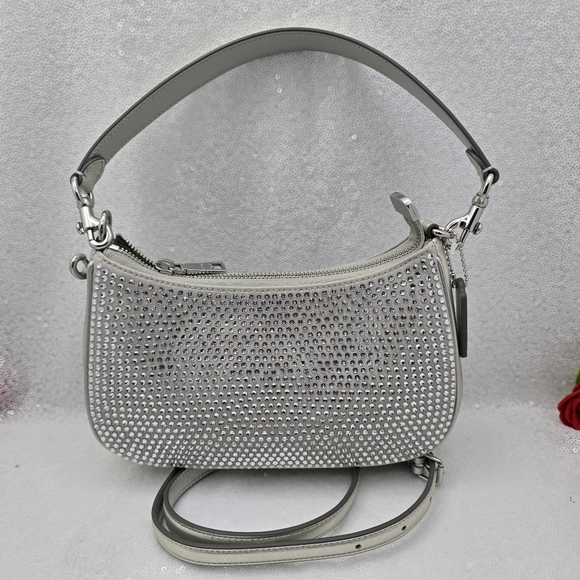 Coach Teri Mini Crystal Silver Metallic Leather Shoulder Crossbody Bag - Picture 9 of 14